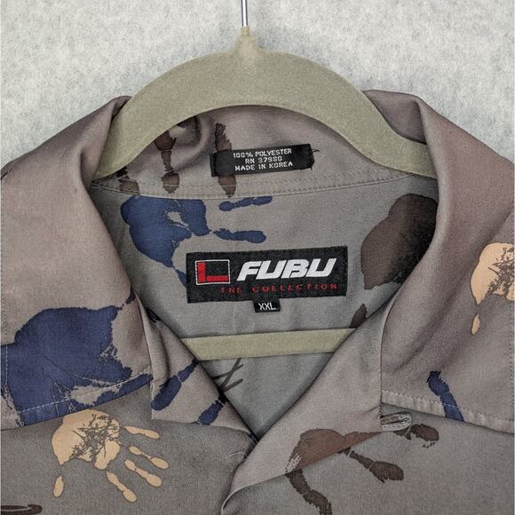 Vintage FUBU Mens XXL Button Up Shirt Gray Short Sleeve Hand Print Graphic - Picture 3 of 8